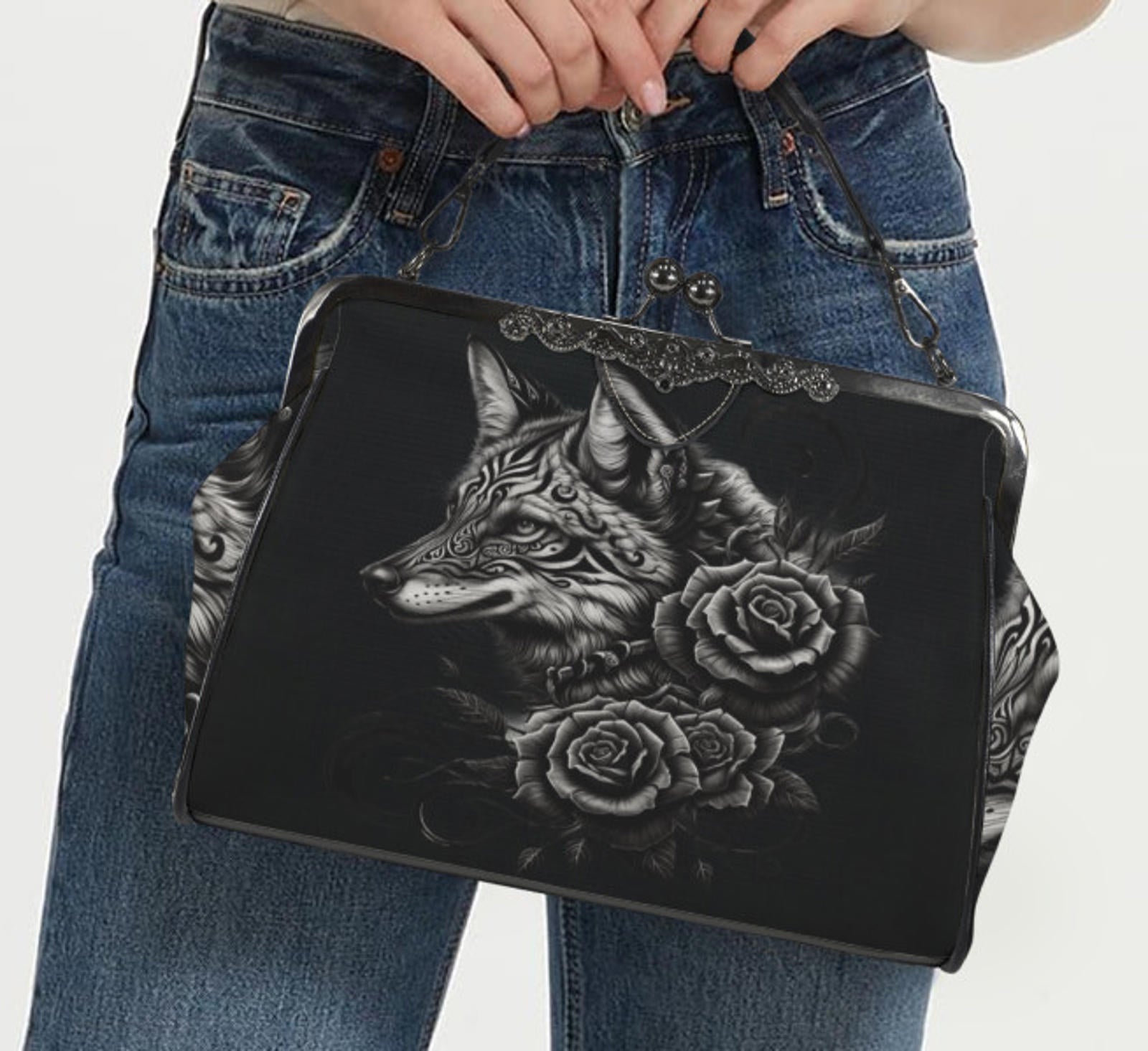 Dark Victorian Gothic Art Fox Wolf with Flowers Shoulder Cross Body Bag Satchel Kisslock