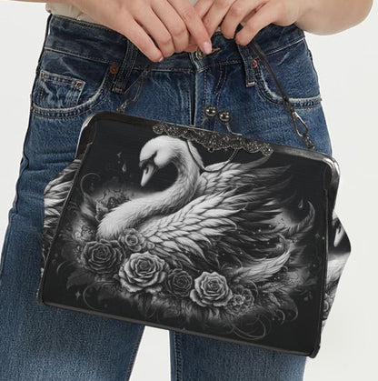 Dark Victorian Gothic White Swan Roses Shoulder Cross Body Bag Satchel Kisslock