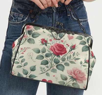 Victorian Valentine Red Pink Roses Shoulder Cross Body Hand Bag Satchel Kisslock