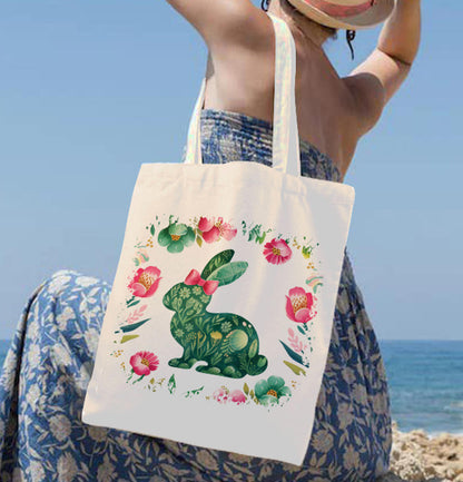Easter Bunny Rabbit Green  Spring Flowers Canvas Shoulder Tote Bag 15" X 15" TerrificTrend