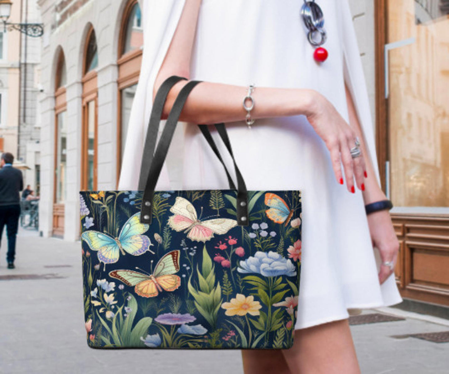 Custom Tote Hand Shoulder Bag 12 X 15 Spring Flowers Butterflies Navy Blue Gift Terrifictrend