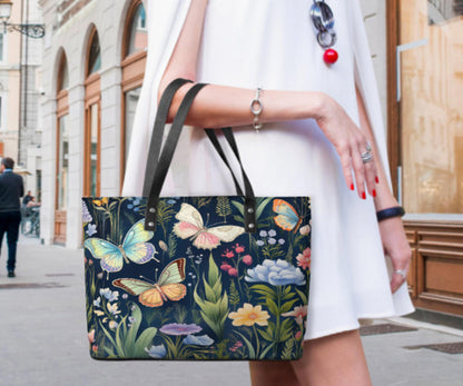 Custom Tote Hand Shoulder Bag 12 X 15 Spring Flowers Butterflies Navy Blue Gift Terrifictrend