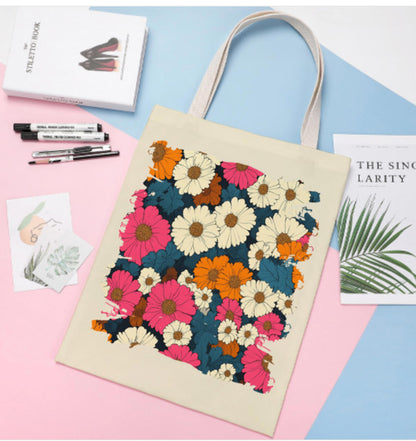 Vintage Retro Pink Blue White Flowers Reusable Tote Bag Print on 2 Sides 14 x 18 Terrifictrend
