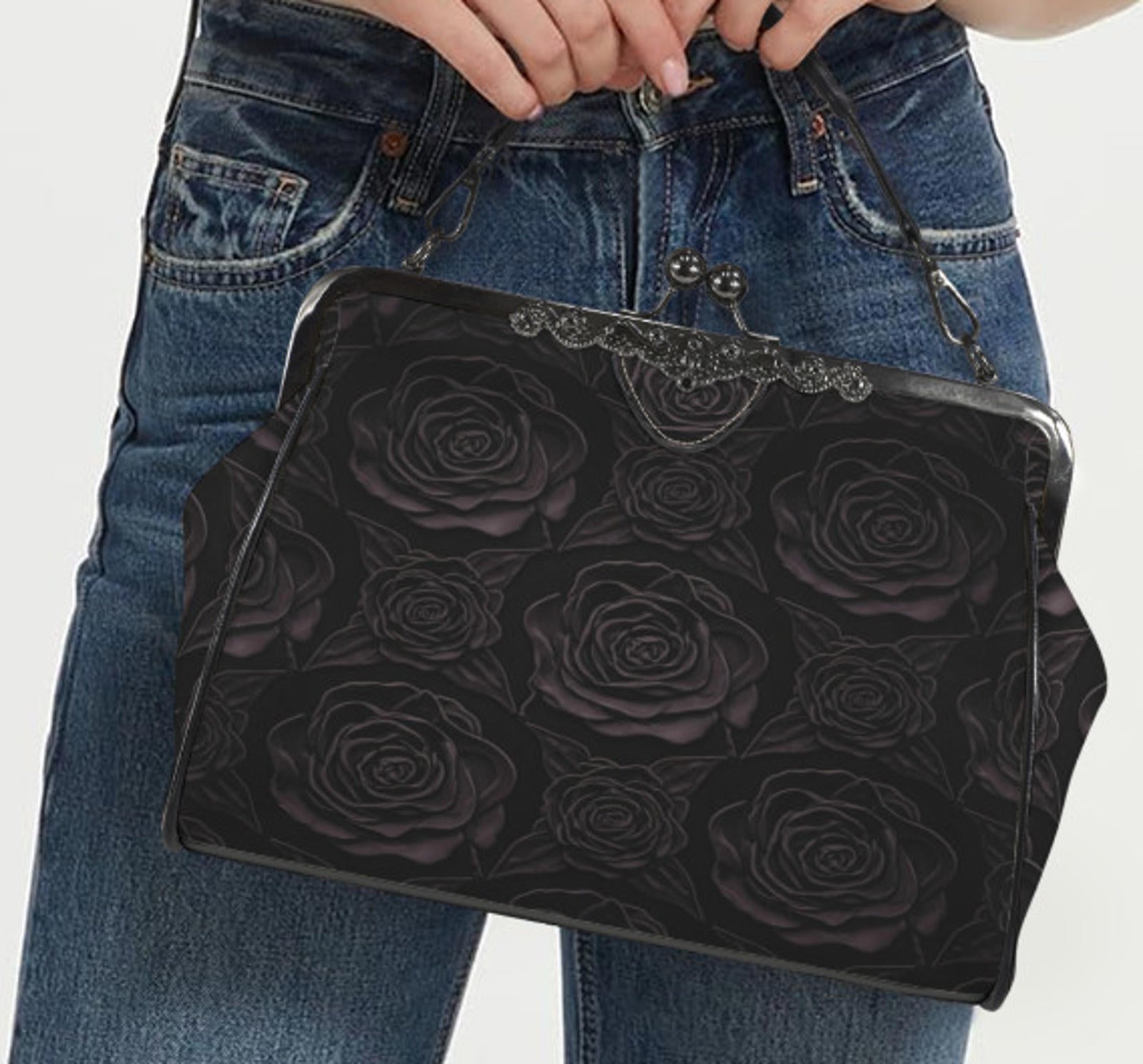 Victorian Vintage Gothic Black Rose Shoulder Cross Body Hand Bag Satchel Kisslock