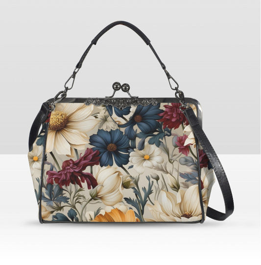 Winter Blue Burgundy Cream Flowers Shoulder Cross Body Bag Satchel Holiday Gift Kisslock