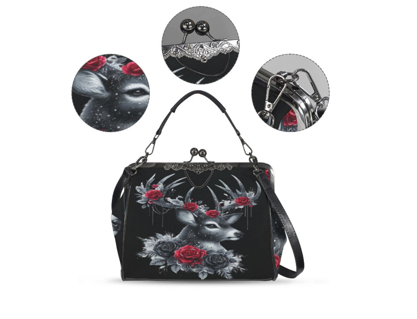 Gothic Victorian Deer Red Black Roses  Holiday Shoulder Cross Body Bag Satchel Kisslock