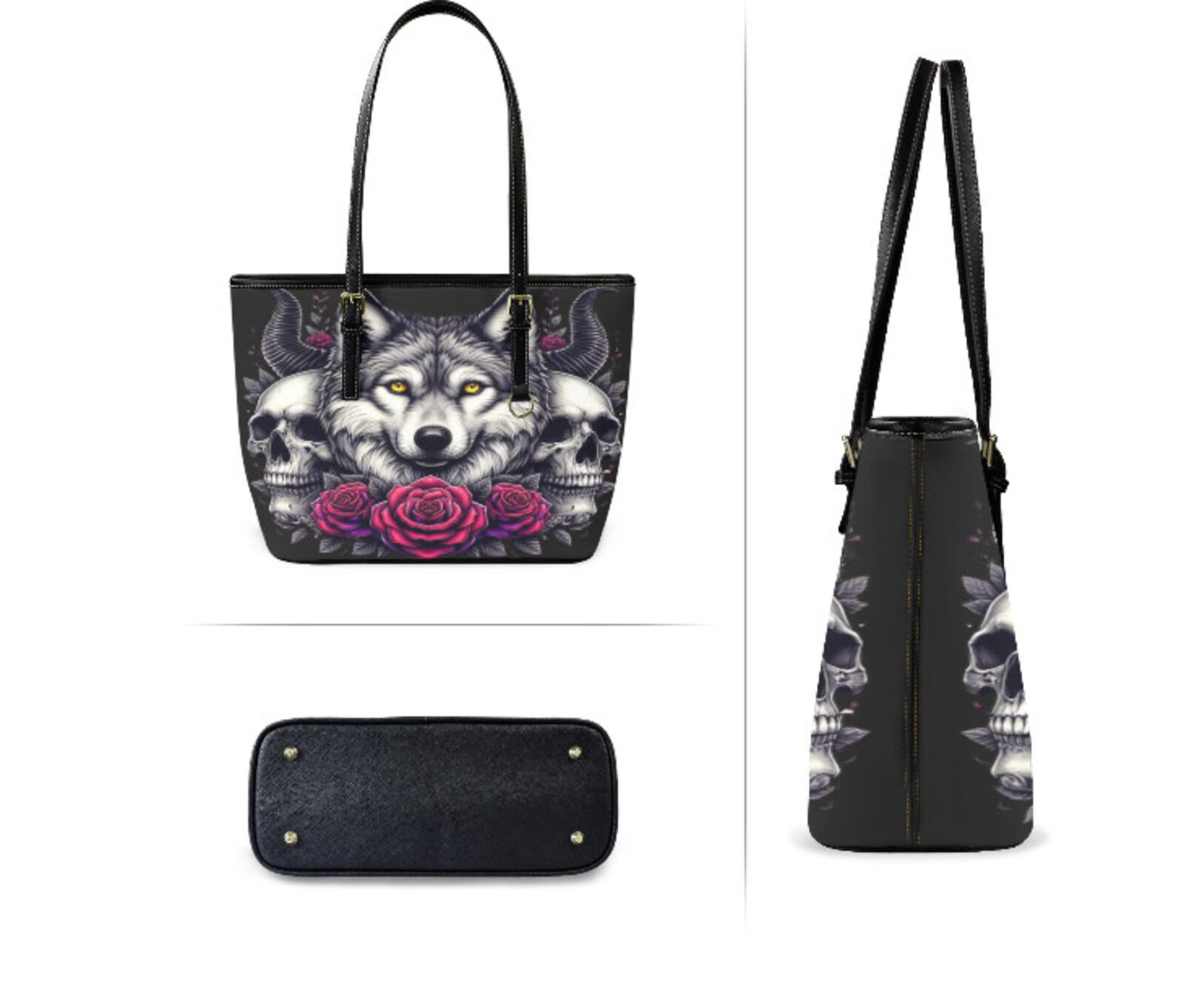 Custom Tote Hand Shoulder Bag 12 X 15 Gothic Victorian Wolf Skull Red Roses NEW Terrifictrend