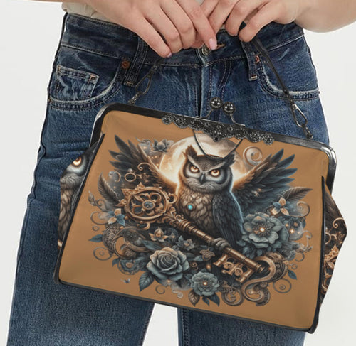 Dark Victorian Gothic Owl Key Roses Moon Skull  Shoulder Cross Body Bag Satchel Kisslock