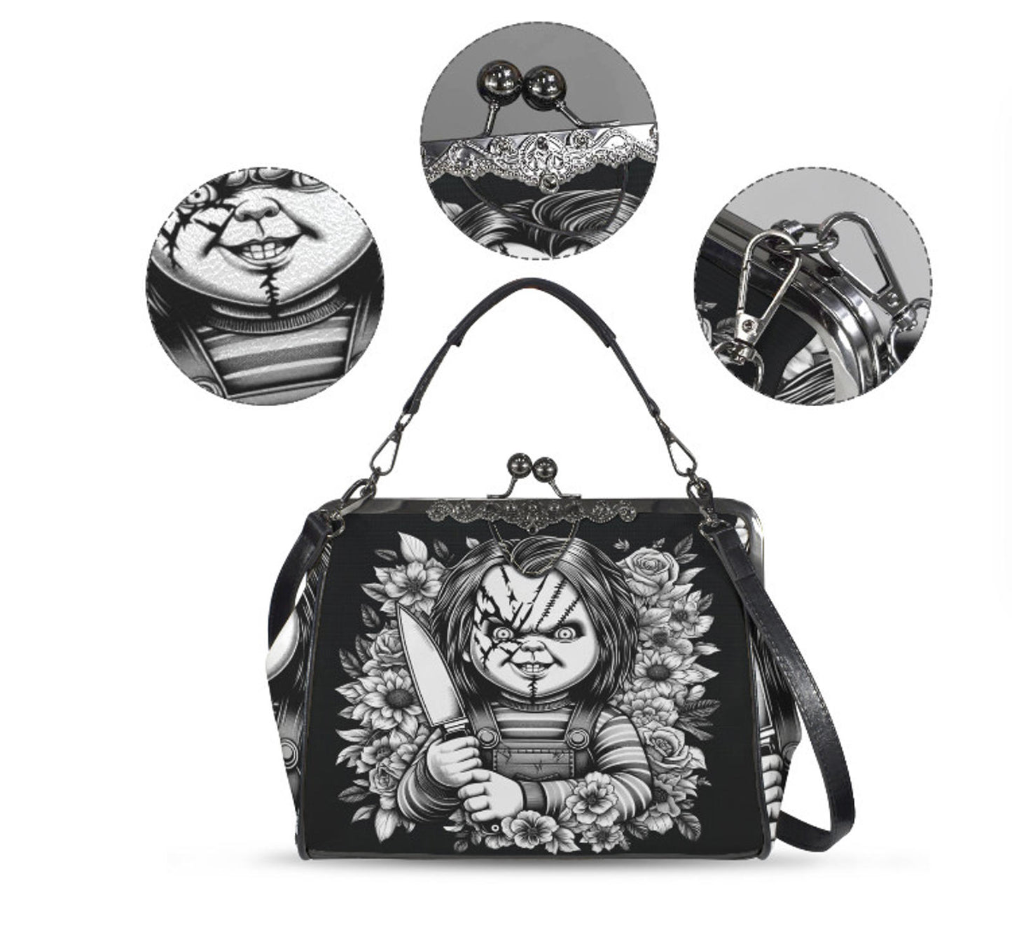 Horror Scarred Chucky Halloween Floral Shoulder Cross Body Bag Satchel NEW Kisslock