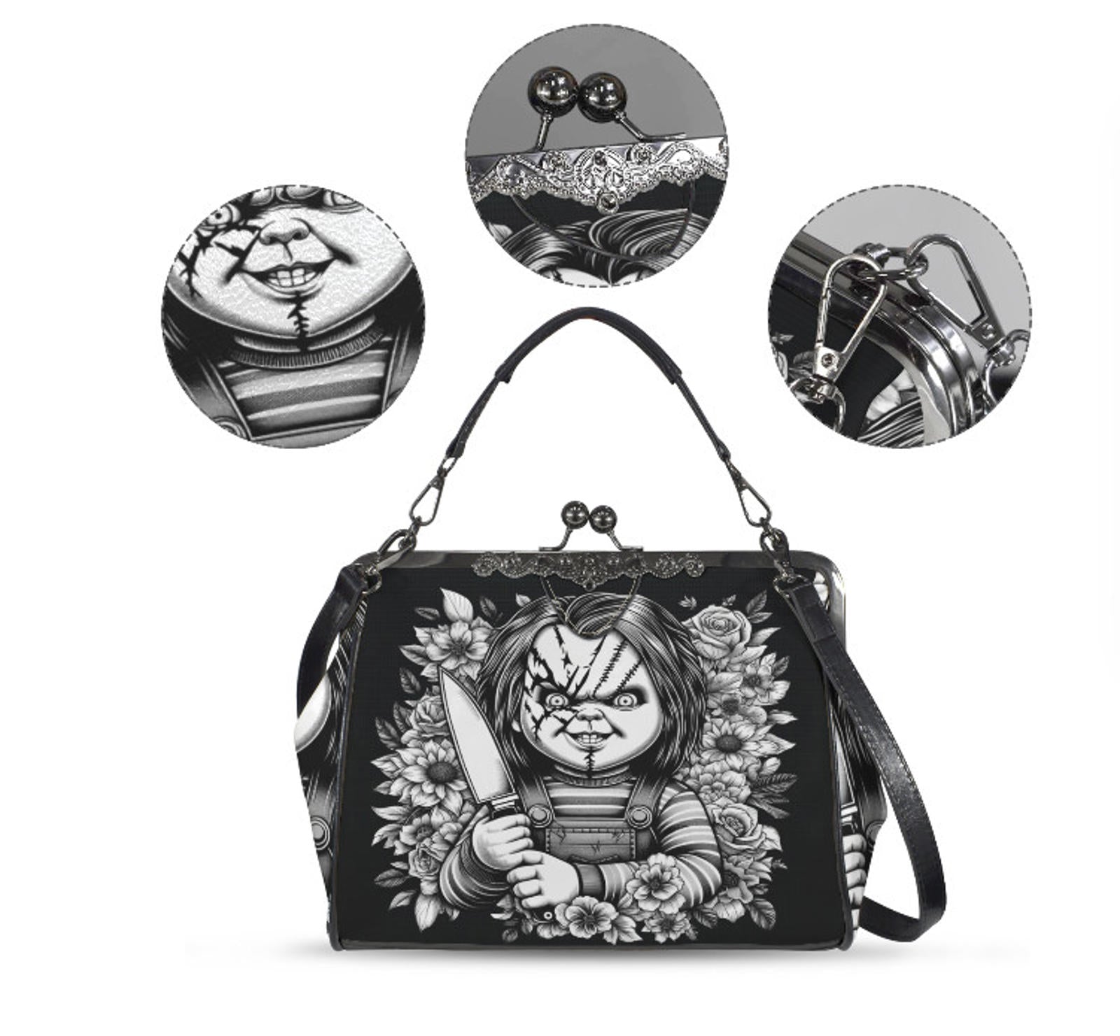 Horror Scarred Chucky Halloween Floral Shoulder Cross Body Bag Satchel NEW Kisslock