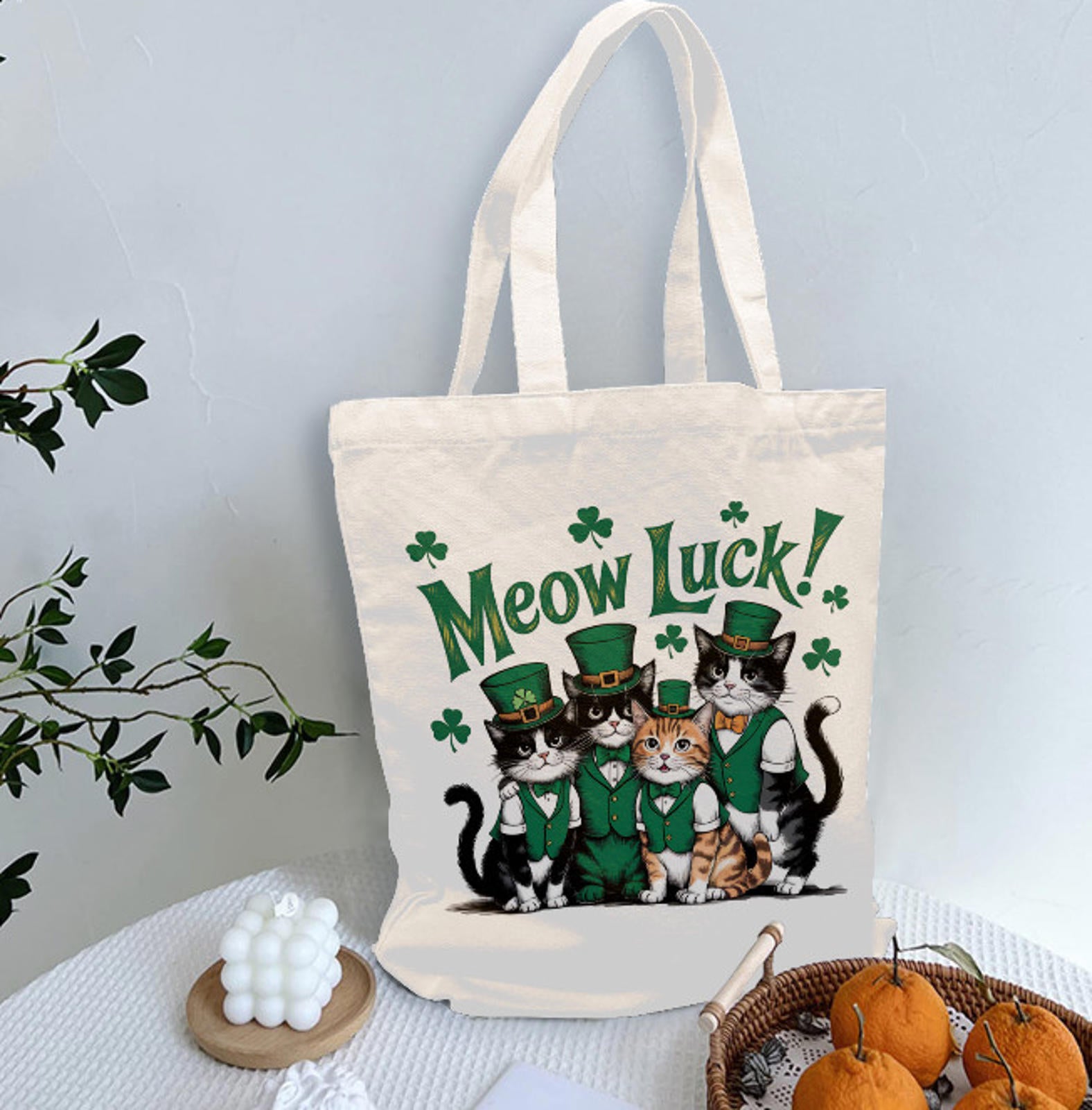 St. Patrick's Day Irish Meow Luck Cats Tuxedo  Print Shoulder Tote Bag 15" X 15" TerrificTrend