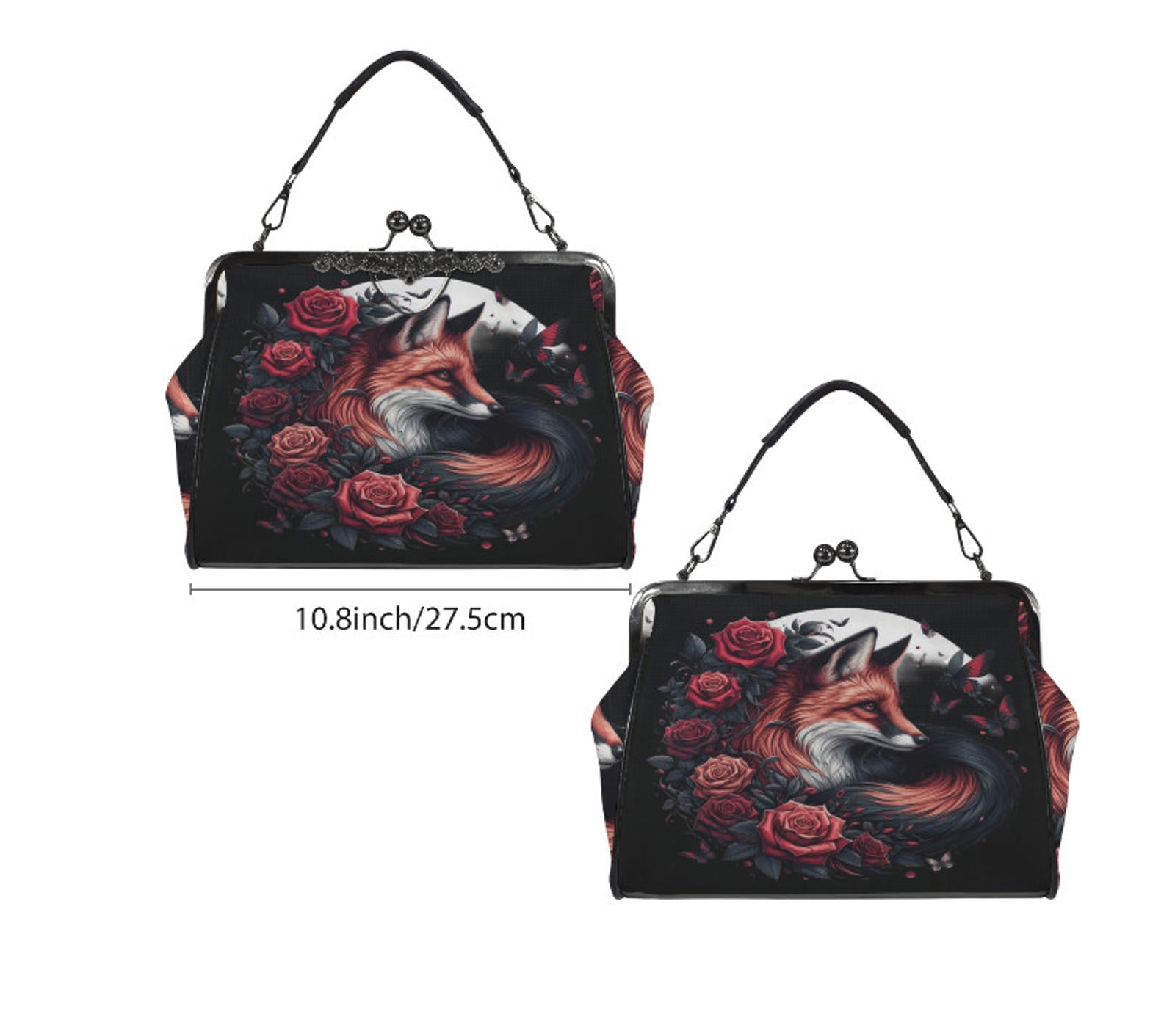 Dark Victorian Gothic Fox Moon Roses Butterfly  Shoulder Cross Body Bag Satchel Kisslock