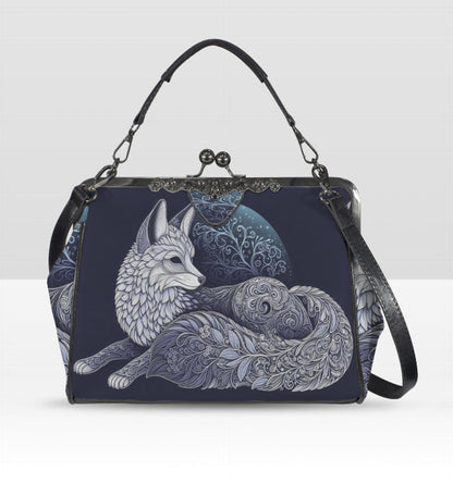 Silver Moonlight Artsy Animal Fox Holiday  Shoulder Cross Body Hand Bag Satchel Kisslock