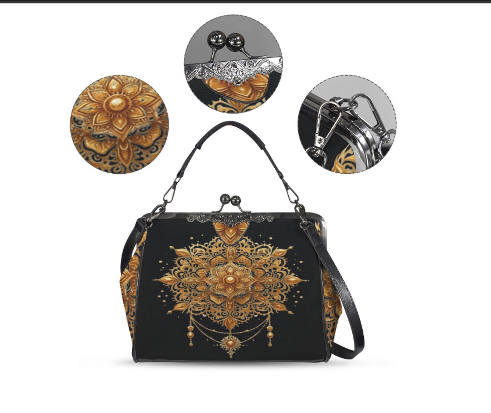 Gold Medallion Ornament Shoulder Cross Body Bag Satchel Holiday Gift Kisslock