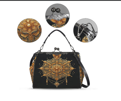 Gold Medallion Ornament Shoulder Cross Body Bag Satchel Holiday Gift Kisslock