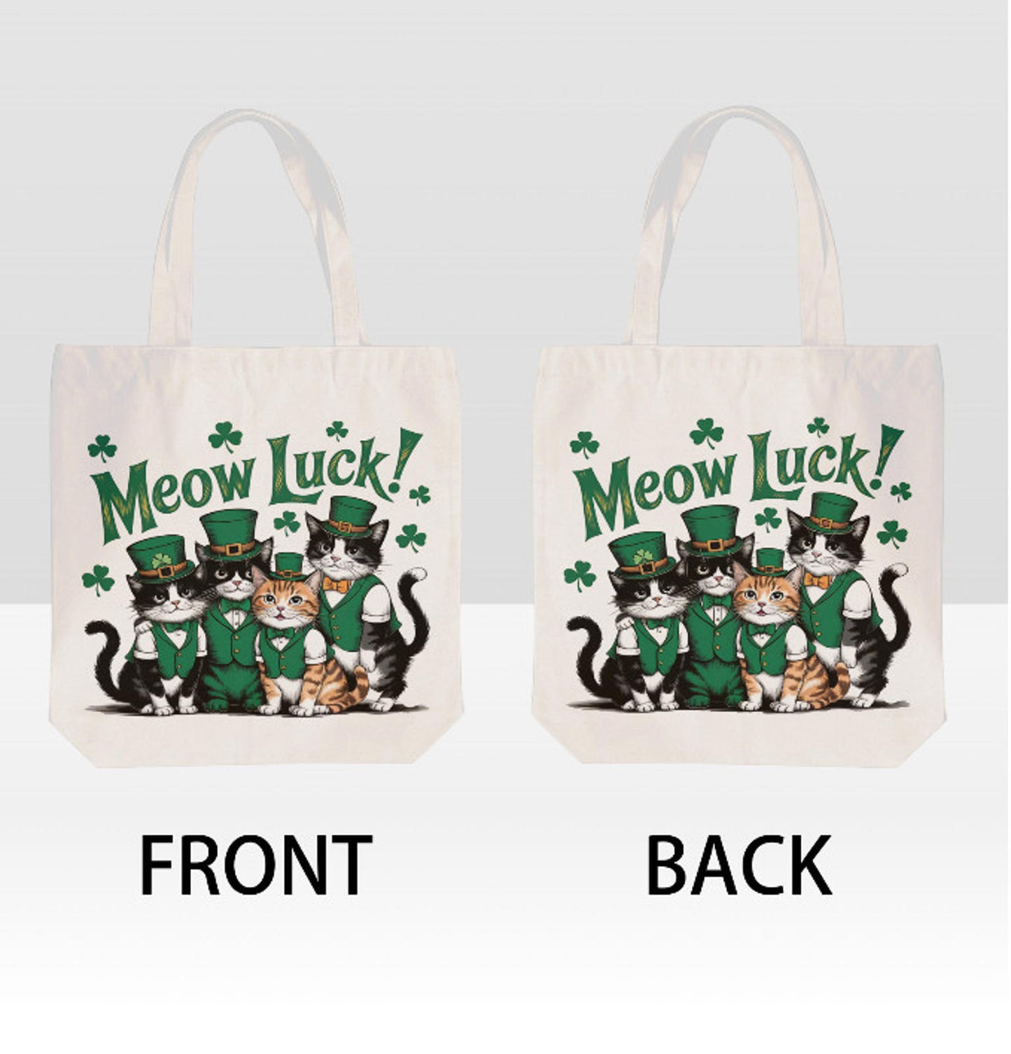 St. Patrick's Day Irish Meow Luck Cats Tuxedo  Print Shoulder Tote Bag 15" X 15" TerrificTrend