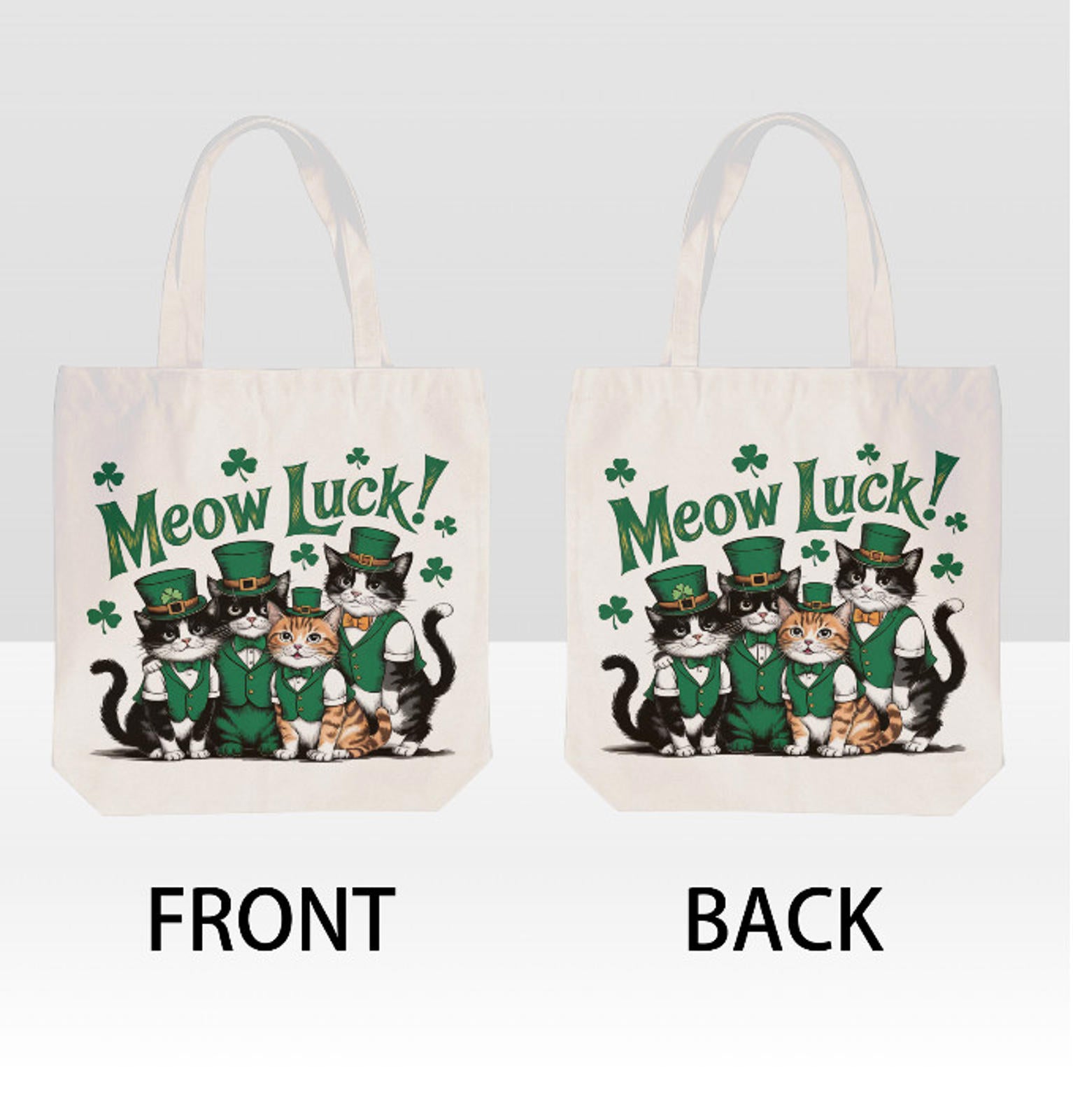 St. Patrick's Day Irish Meow Luck Cats Tuxedo  Print Shoulder Tote Bag 15" X 15" TerrificTrend