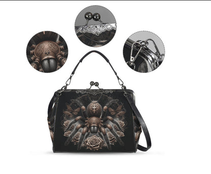 Dark Victorian Gothic Spider Black Widow Skull  Shoulder Cross Body Bag Satchel Kisslock