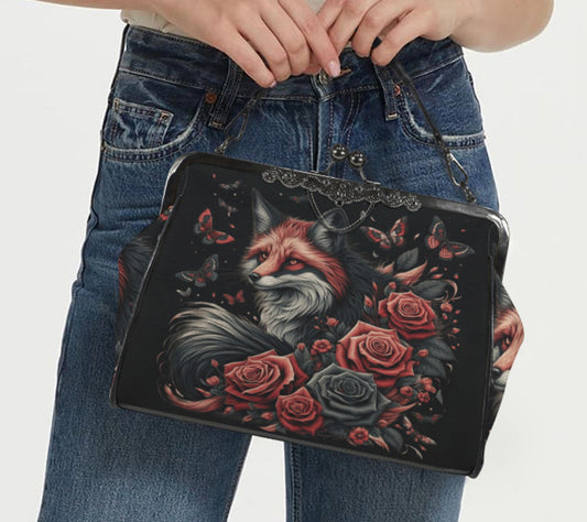 Dark Victorian Gothic Fox Moon Roses Butterfly  Shoulder Cross Body Bag Satchel Kisslock
