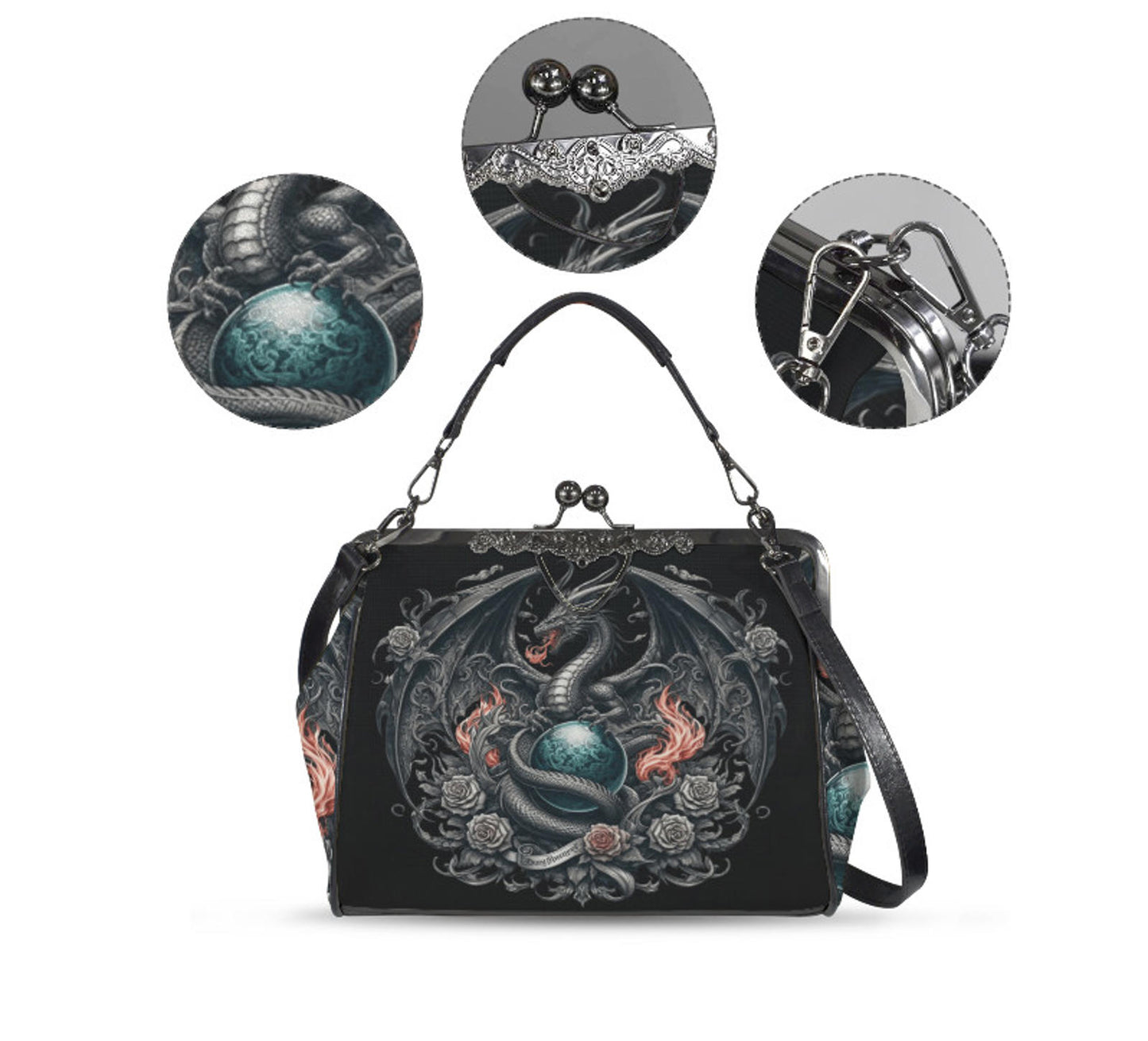 Dark Victorian Gothic Fire Dragon Roses Earth Shoulder Cross Body Bag Satchel Kisslock
