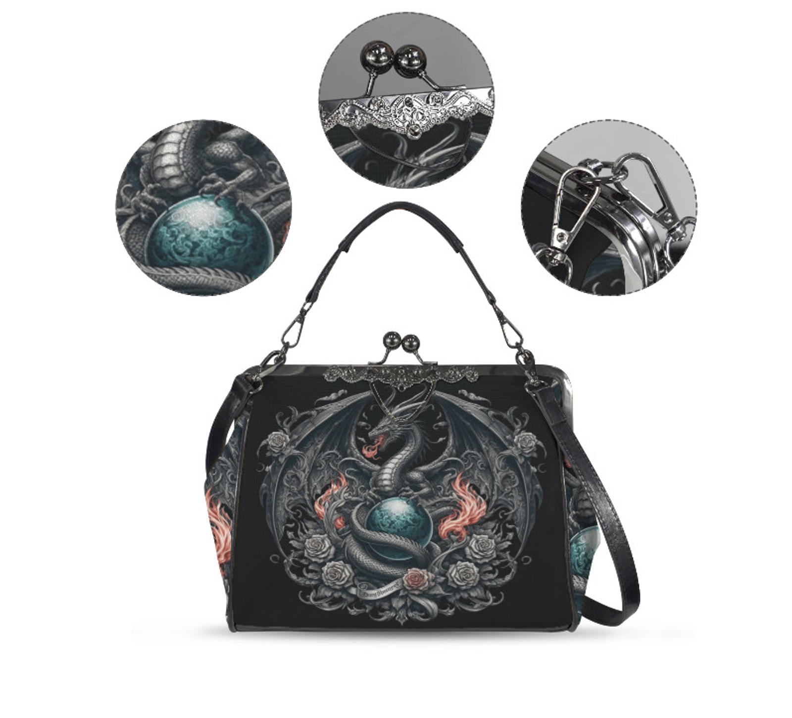 Dark Victorian Gothic Fire Dragon Roses Earth Shoulder Cross Body Bag Satchel Kisslock