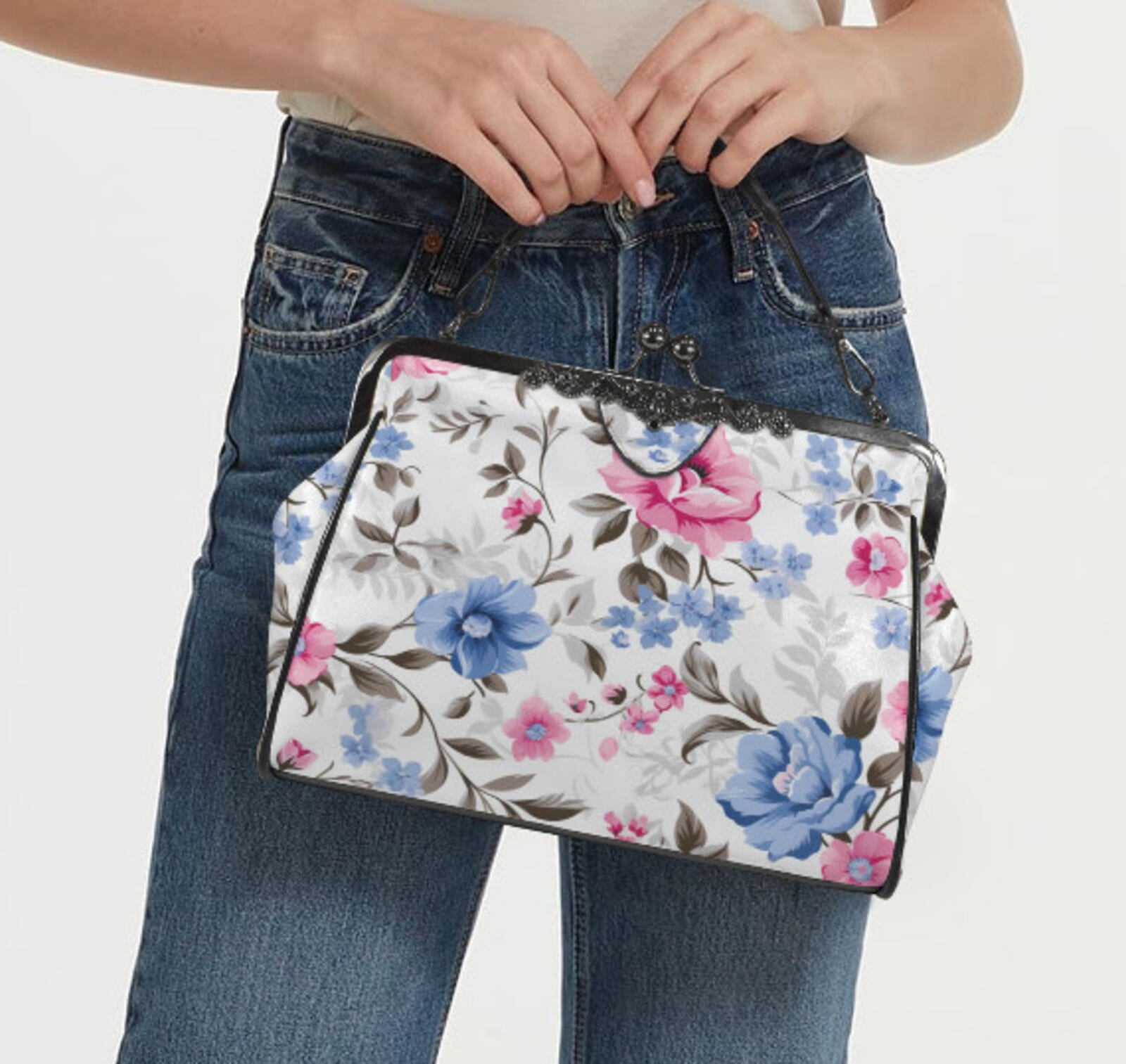 Flowers White Blue Pink Spring Summer Art Shoulder Cross Body Bag Satchel NEW Kisslock