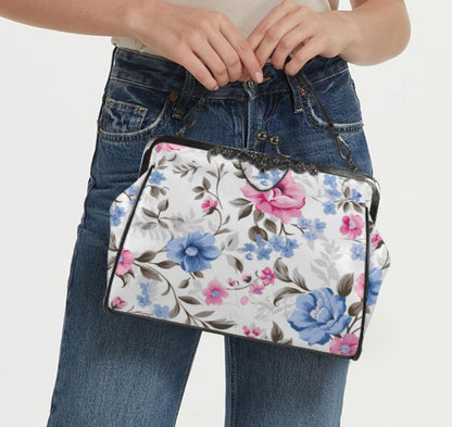 Flowers White Blue Pink Spring Summer Art Shoulder Cross Body Bag Satchel NEW Kisslock
