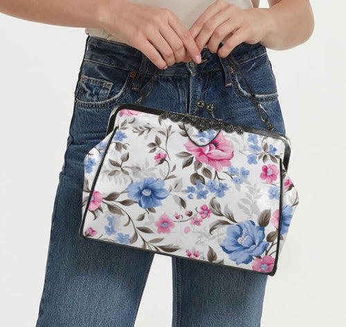 Flowers White Blue Pink Spring Summer Art Shoulder Cross Body Bag Satchel NEW Kisslock