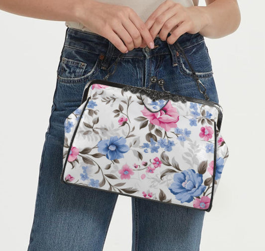 Flowers White Blue Pink Spring Summer Art Shoulder Cross Body Bag Satchel NEW Kisslock