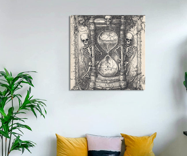 Wall Decor Framed 12X12 Canvas Art Print Skeleton Hourglass Sketch Halloween Home Decor