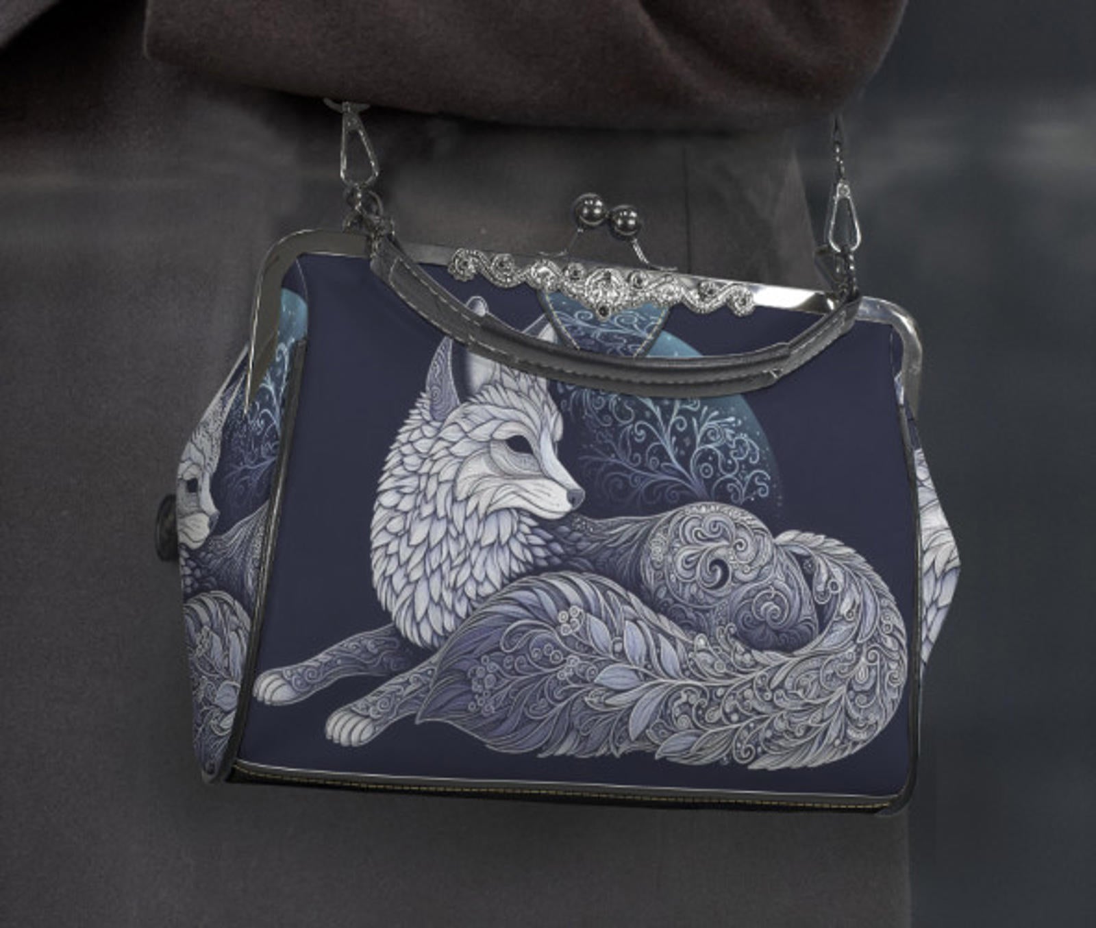 Silver Moonlight Artsy Animal Fox Holiday  Shoulder Cross Body Hand Bag Satchel Kisslock