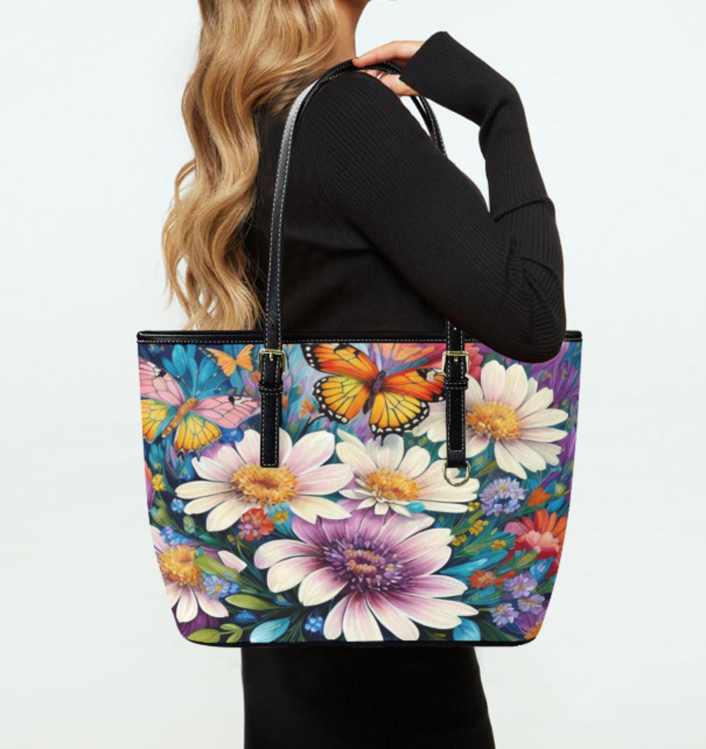 Custom Tote Hand Shoulder Bag 12 X 15 Spring Butterfly Purple Flowers Gift Idea Terrifictrend