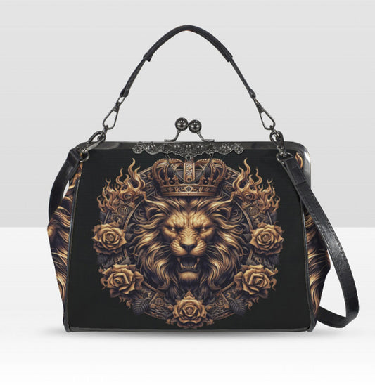 Dark Victorian Gothic Art Animals Gold Lion King Shoulder Cross Body Bag Satchel Kisslock