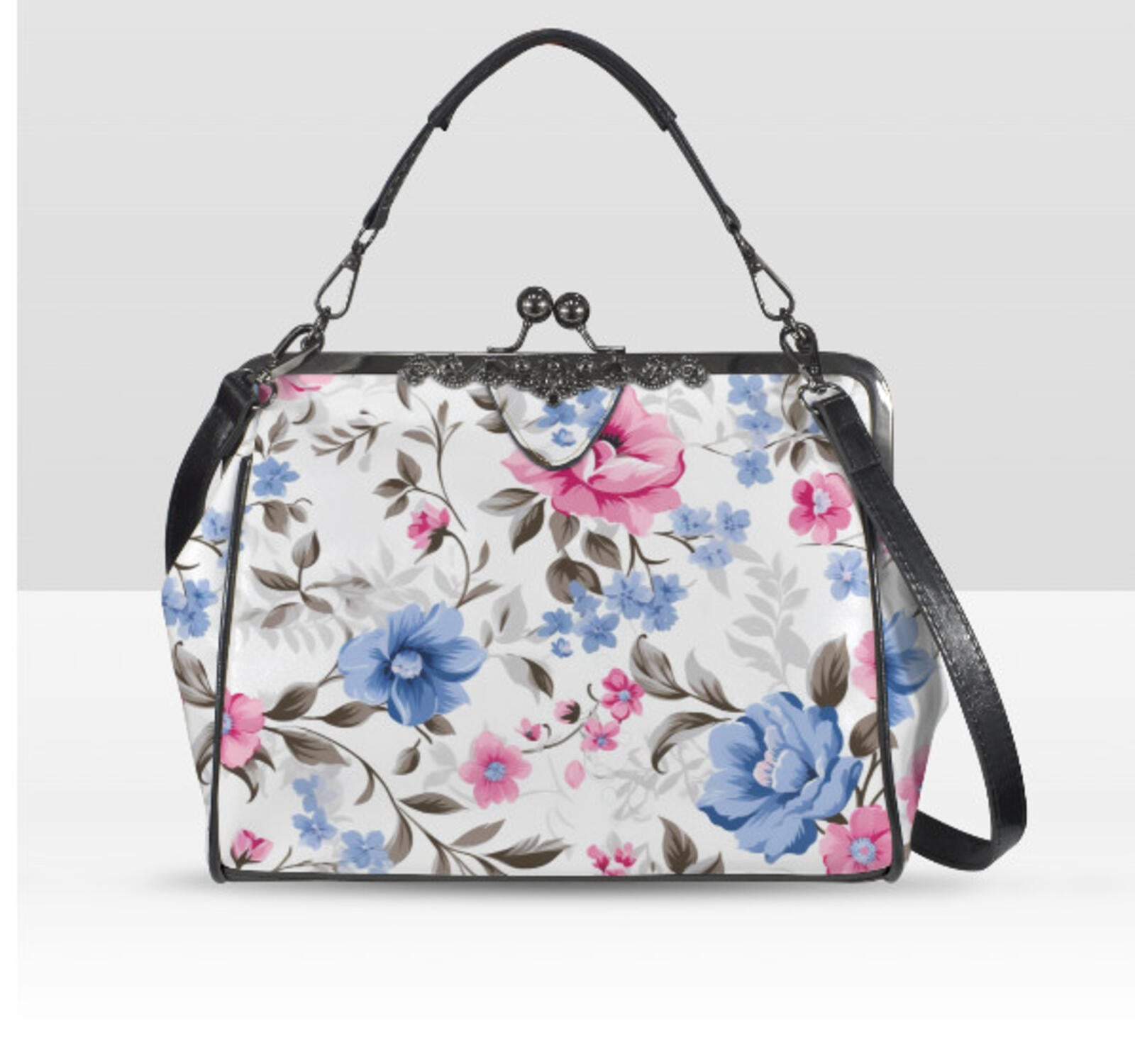 Flowers White Blue Pink Spring Summer Art Shoulder Cross Body Bag Satchel NEW Kisslock