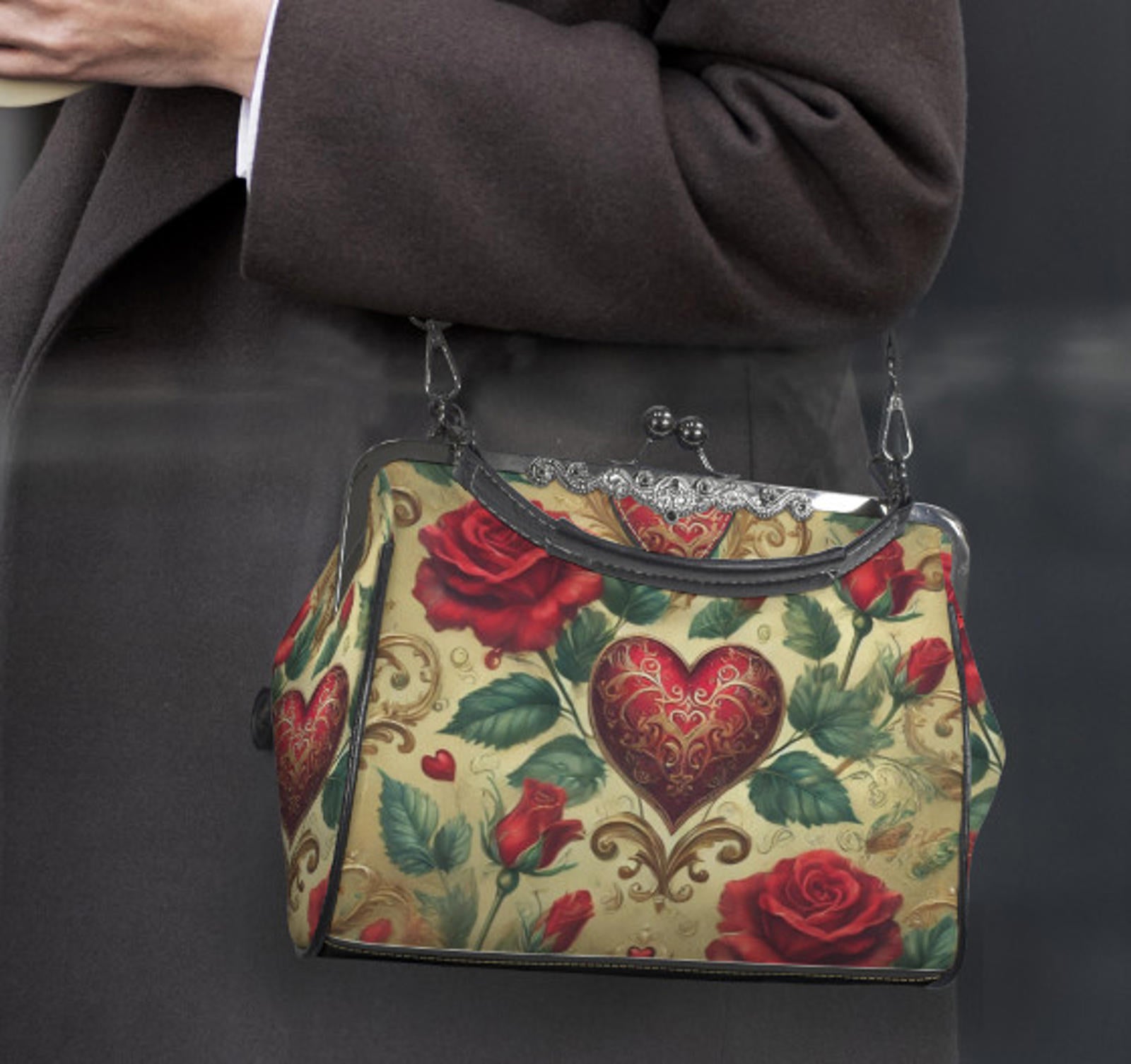 Victorian Heart Valentine's Day Red Rose  Shoulder Cross Body Hand Bag Satchel Kisslock