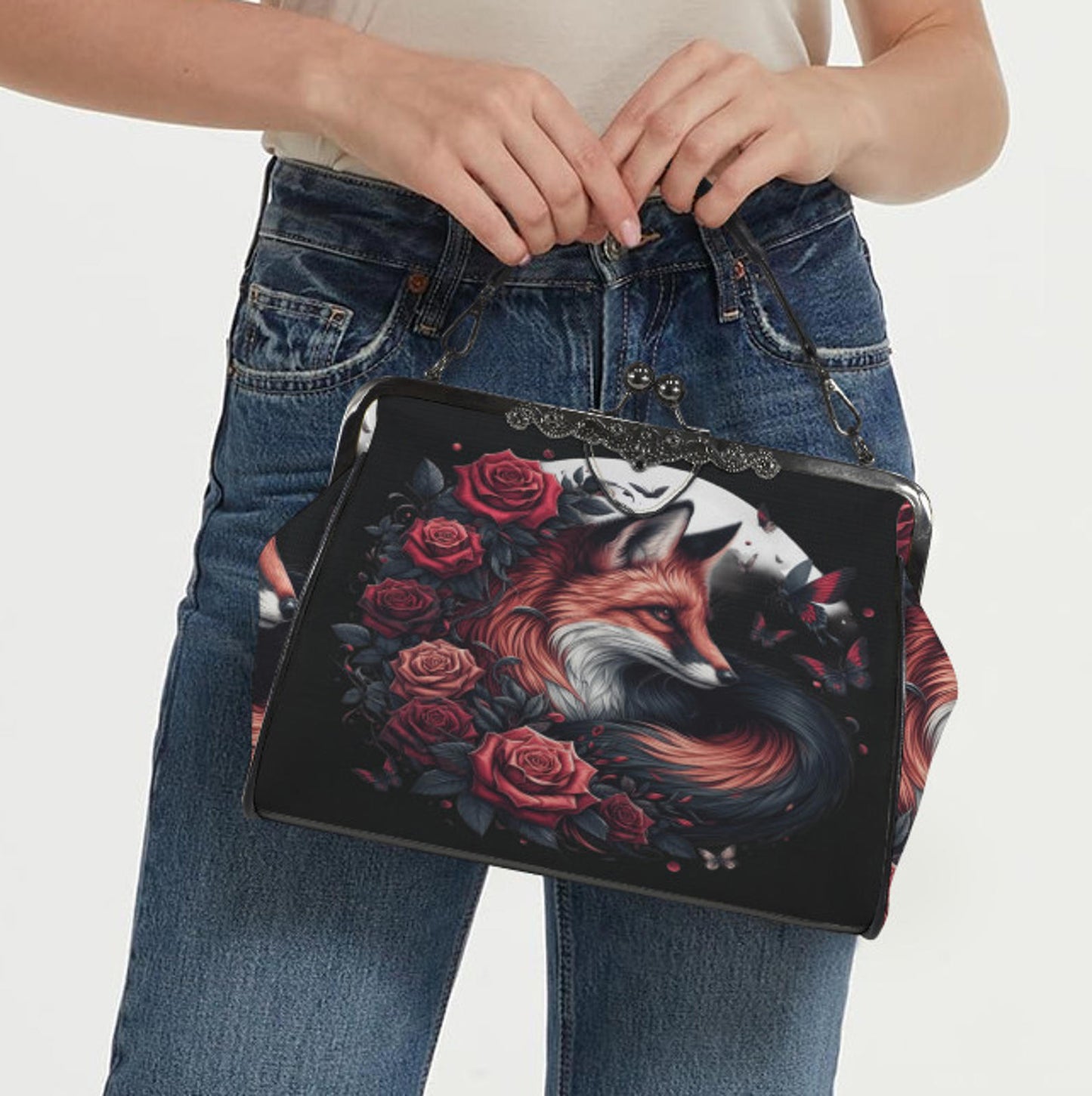 Dark Victorian Gothic Fox Moon Roses Butterfly  Shoulder Cross Body Bag Satchel Kisslock