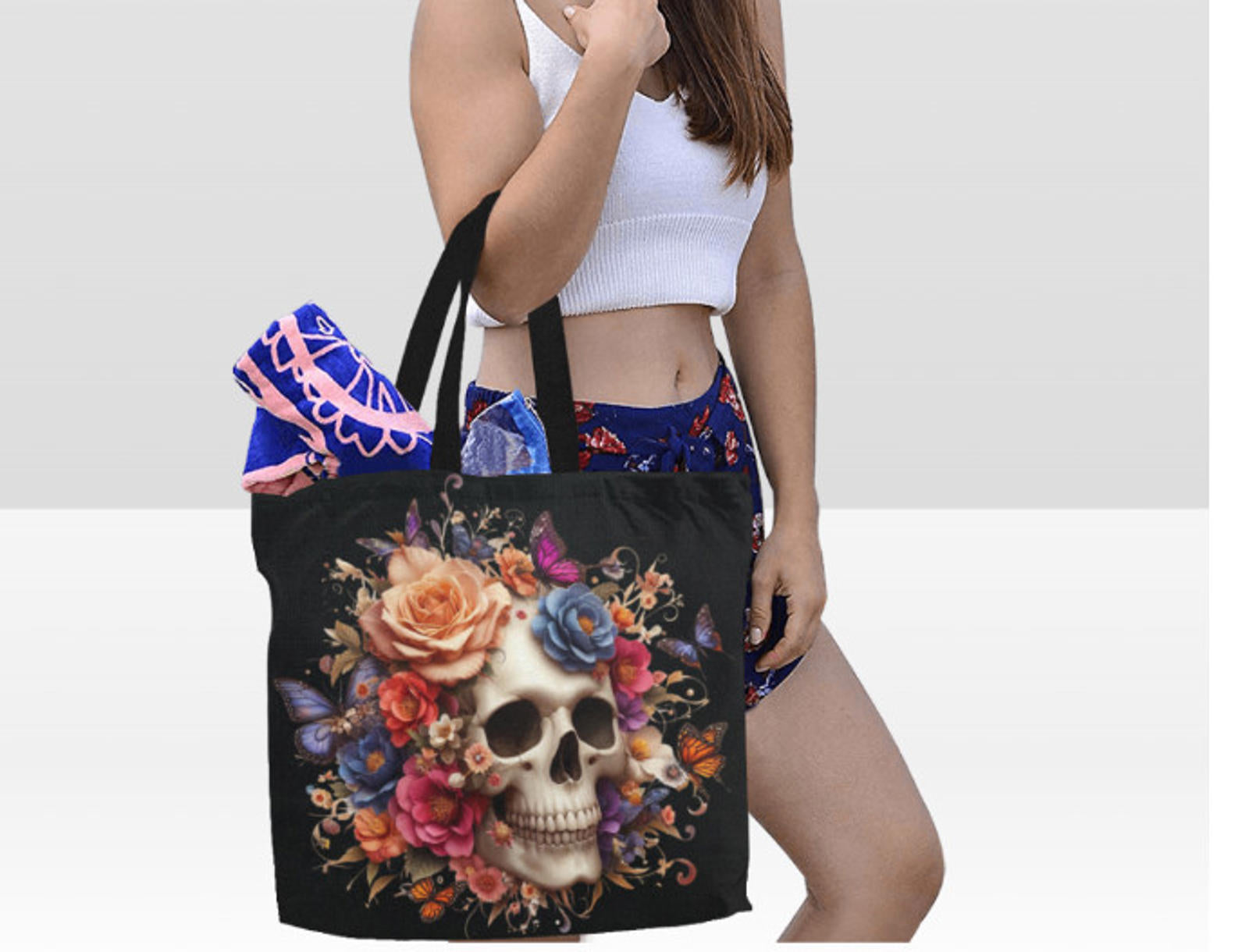 Flowers Butterflies Gothic  Sugar Skull Large Halloween Tote Bag 18"x15" TerrificTrend