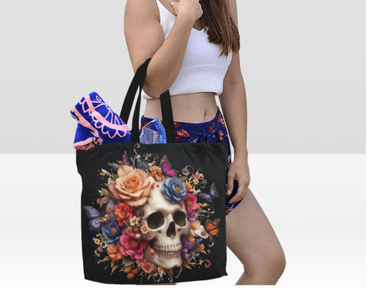 Flowers Butterflies Gothic  Sugar Skull Large Halloween Tote Bag 18"x15" TerrificTrend