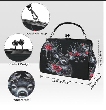 Gothic Christmas Deer Roses Hand Shoulder Cross Body Bag Satchel 9 x 13 Gift Kisslock