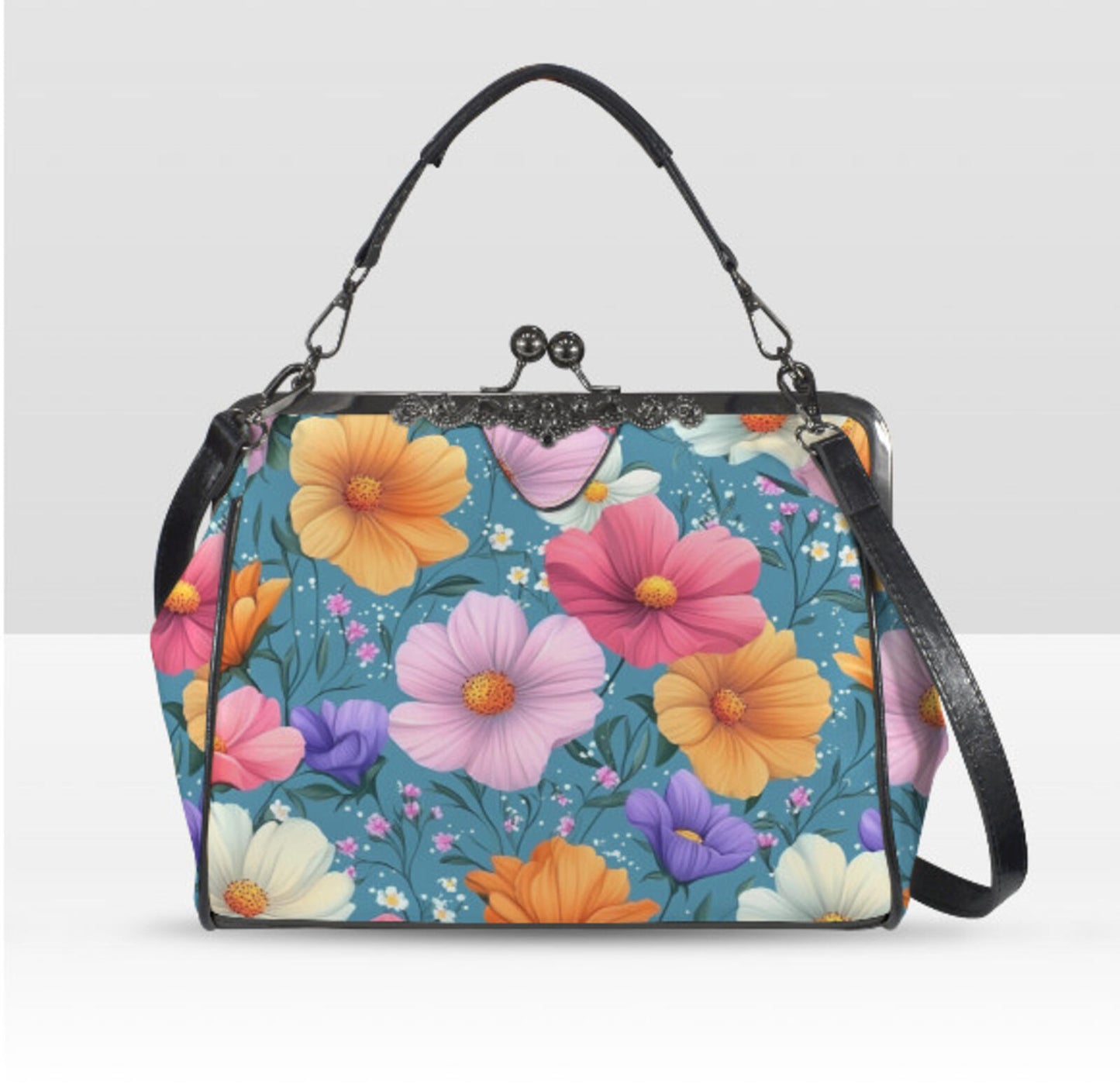 Flowers Pink Purple Yellow Spring Summer Art Shoulder Cross Body Bag Satchel NEW Kisslock