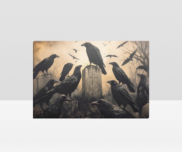 Wall Decor Framed 18X12 Canvas Art Print Crows Ravens Tombstone Spooky Halloween Home Decor