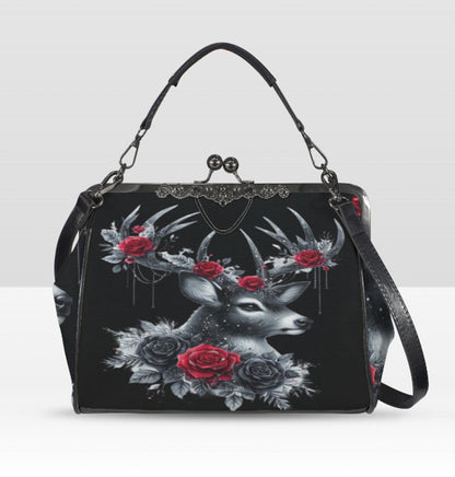 Gothic Victorian Deer Red Black Roses  Holiday Shoulder Cross Body Bag Satchel Kisslock