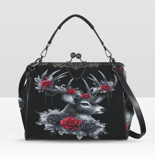Gothic Victorian Deer Red Black Roses  Holiday Shoulder Cross Body Bag Satchel Kisslock