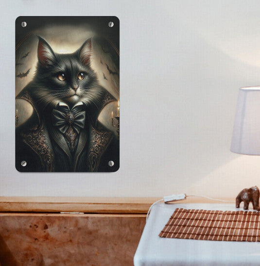Gothic Victorian  Anthropomorphism Halloween Dracula Cat Metal Sign  Wall Decor Handcrafted