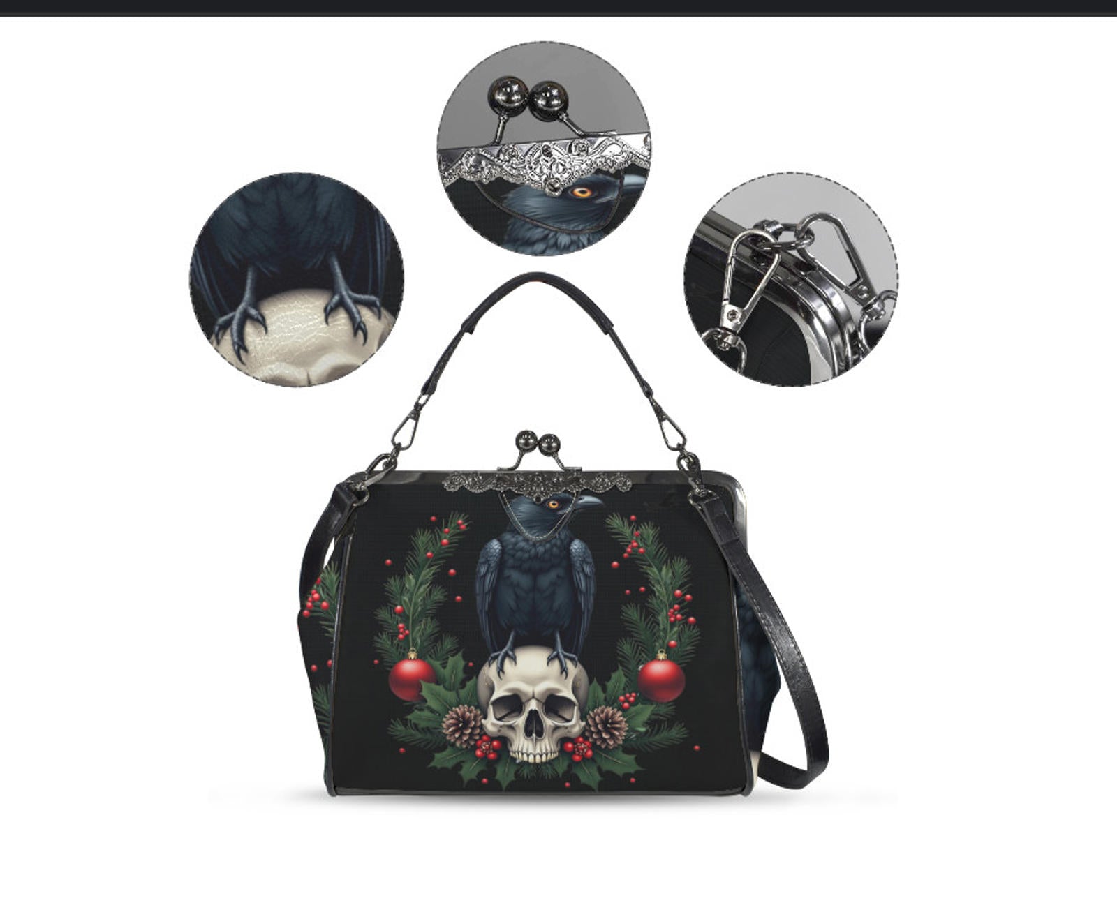 Victorian Gothic Crow Bird Skull Christmas  Shoulder Cross Body Hand Bag Satchel Kisslock