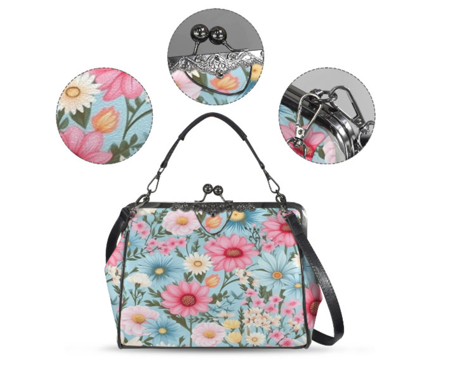 Flowers Green White Pink Spring Summer Art Shoulder Cross Body Bag Satchel NEW Kisslock