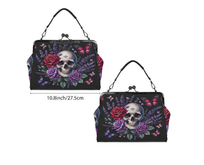 Victorian Gothic Skull Roses Spring Colors Shoulder Cross Body Bag Satchel Kisslock