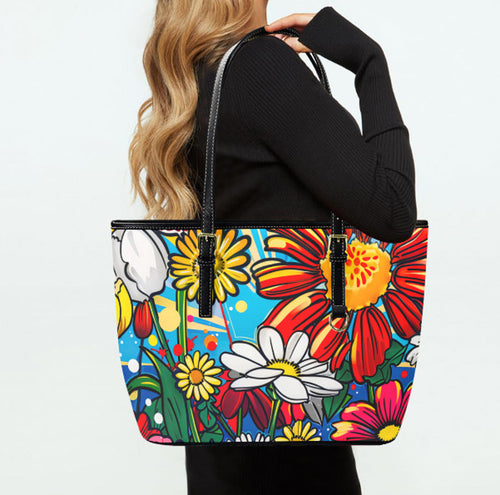 Custom Tote Hand Shoulder Bag 12 X 15 Bright Colors Spring Flowers Pop Art Terrifictrend