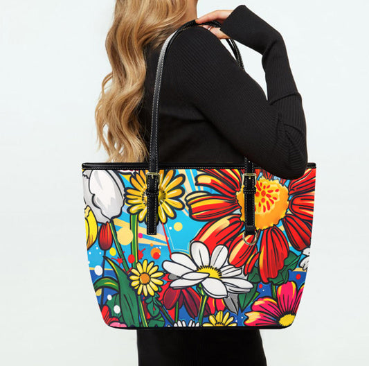 Custom Tote Hand Shoulder Bag 12 X 15 Bright Colors Spring Flowers Pop Art Terrifictrend