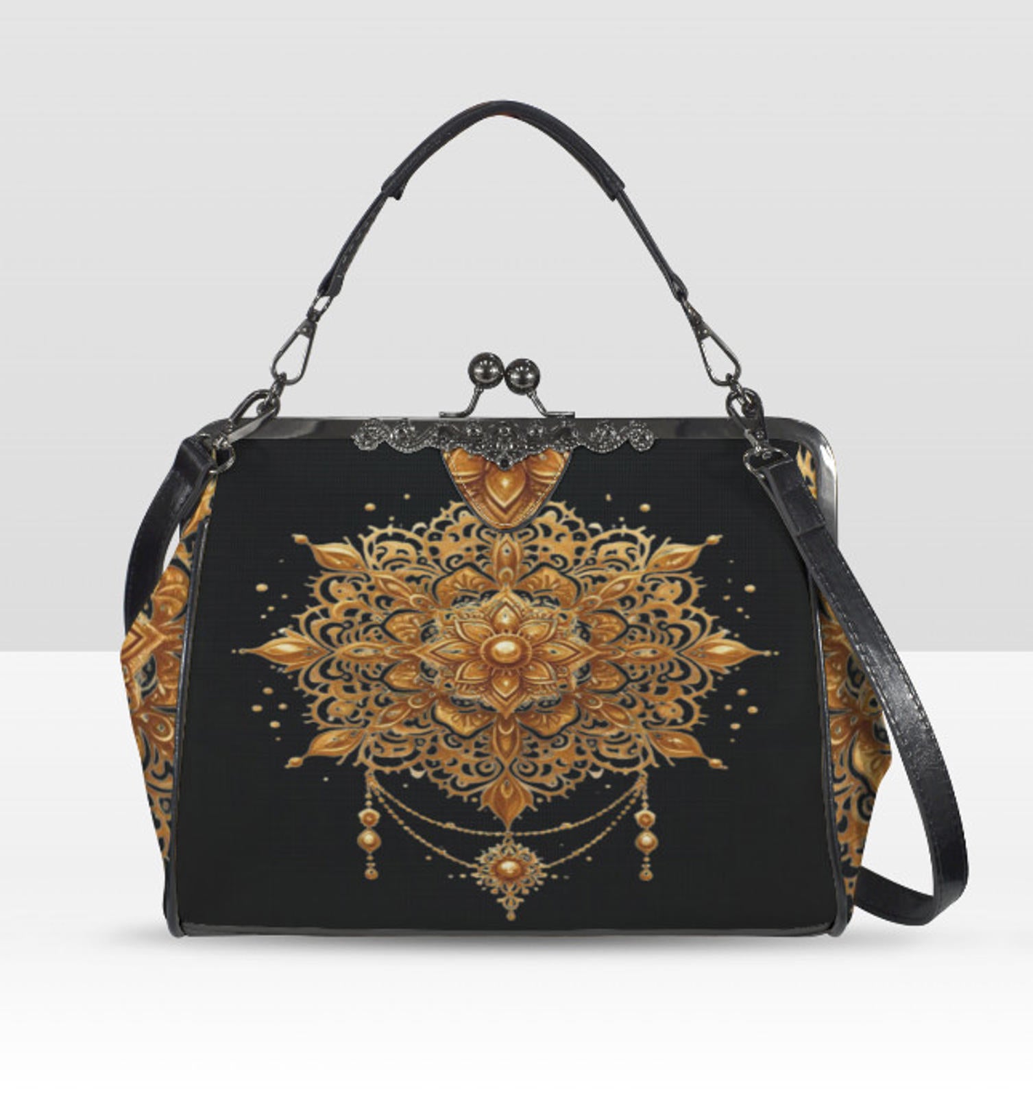 Gold Medallion Ornament Shoulder Cross Body Bag Satchel Holiday Gift Kisslock